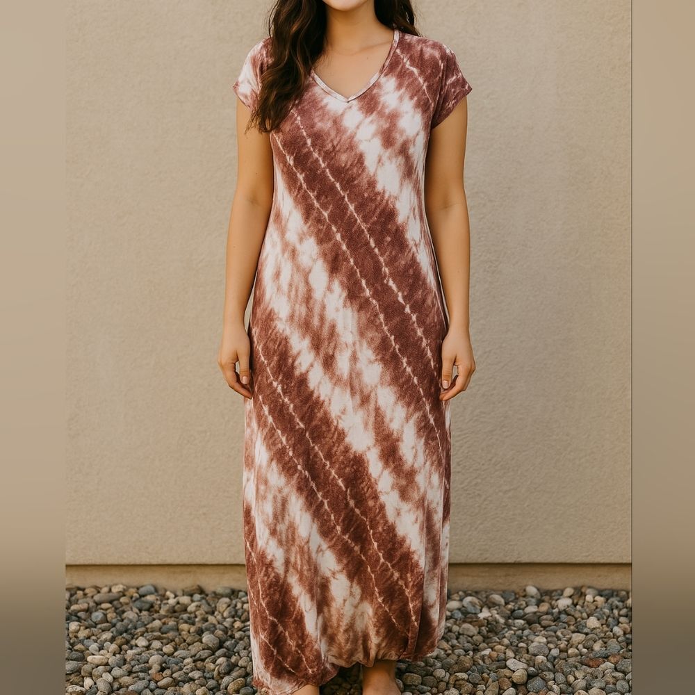 Burgundy & Cream Tie Dye Maxi Dress L Vneck S/S Long Beachy Coastal Resortwear